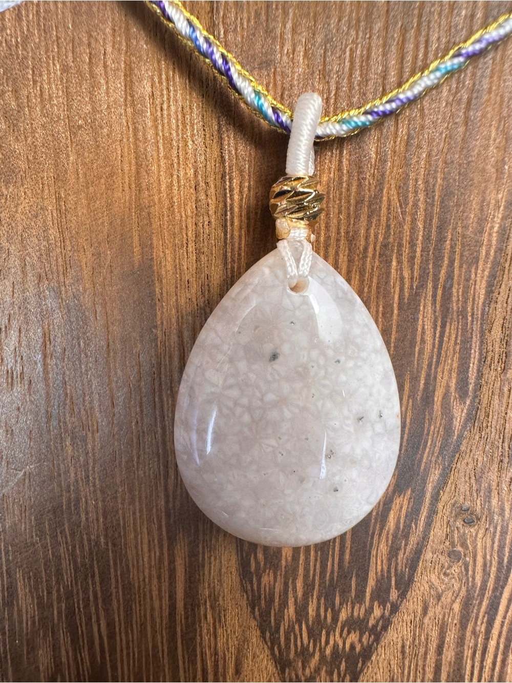White Coral Fossil Teardrop Pendant Necklace on Blue and Gold Rope - Picture 11 of 13